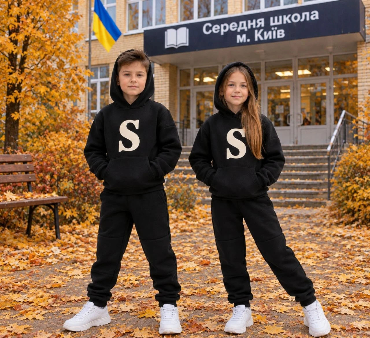 Хлопчик і дівчинка в теплих костюмах на флісі